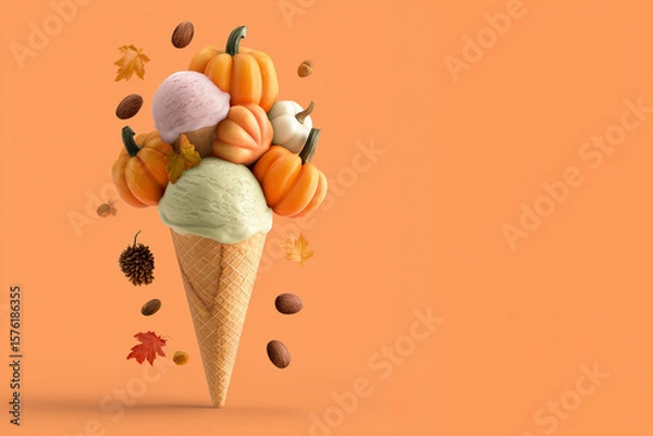 Fototapeta A colorful and bright creative layout featuring an ice cream cone filled with autumn leaves and a small pumpkin — a playful blend of fall and fantasy.