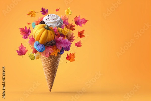 Fototapeta A colorful and bright creative layout featuring an ice cream cone filled with autumn leaves and a small pumpkin — a playful blend of fall and fantasy.