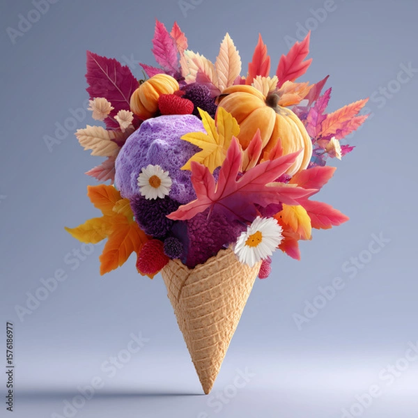 Fototapeta A colorful and bright creative layout featuring an ice cream cone filled with autumn leaves and a small pumpkin — a playful blend of fall and fantasy.