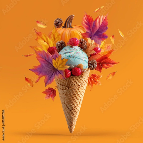 Fototapeta A colorful and bright creative layout featuring an ice cream cone filled with autumn leaves and a small pumpkin — a playful blend of fall and fantasy.