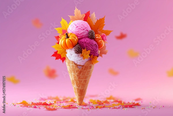 Fototapeta A colorful and bright creative layout featuring an ice cream cone filled with autumn leaves and a small pumpkin — a playful blend of fall and fantasy.
