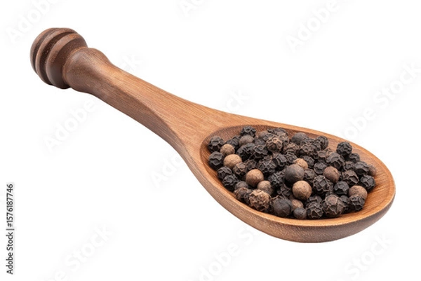 Fototapeta Aromatic Spices: Close-up image of whole peppercorns nestled in a wooden spoon, capturing the essence of culinary delight. The image is a vibrant display of textures and flavors for food enthusiasts.