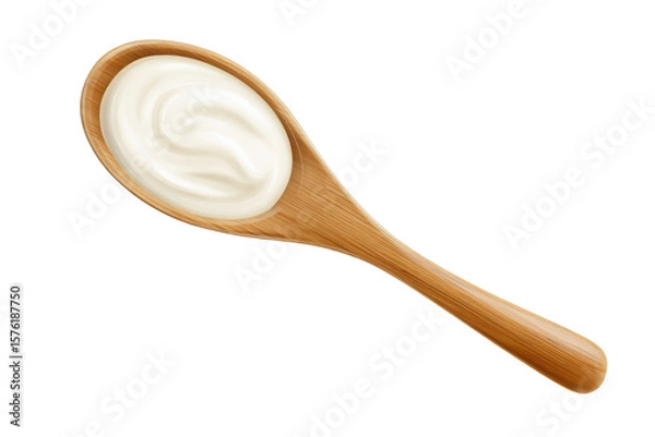 Fototapeta Yogurt in Wooden Spoon: Creamy, smooth yogurt rests in a rustic wooden spoon, ready to be enjoyed.