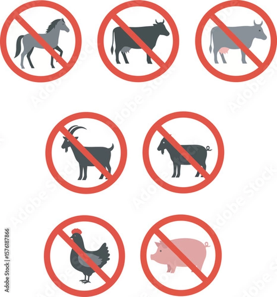 Obraz Prohibition signs featuring various farm animals, indicating a restriction or ban.
