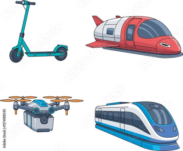 Obraz Illustration showcasing various modern transportation methods, including a scooter and futuristic vehicles.