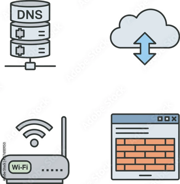 Obraz Illustrations of network infrastructure components, including servers and a router.