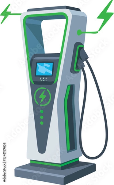 Obraz Illustration of an electric vehicle charging station with a screen, cable, and lightning bolt symbols.