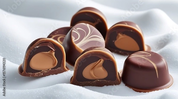Fototapeta Luxurious handmade gourmet candy with rich chocolate ganache filling, sliced to reveal creamy texture, isolated on white background for premium dessert, confectionery, or packaging design.
