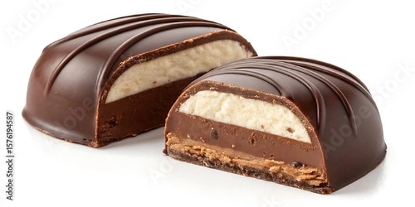 Fototapeta Luxurious handmade gourmet candy with rich chocolate ganache filling, sliced to reveal creamy texture, isolated on white background for premium dessert, confectionery, or packaging design.