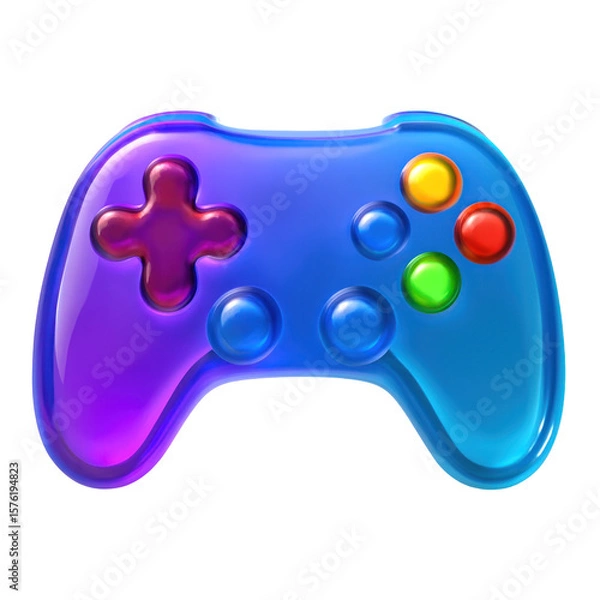 Fototapeta 3D Translucent Icon Style Gaming Controller with Blue and Purple Hues Accented by Colorful Buttons and Transparent Background