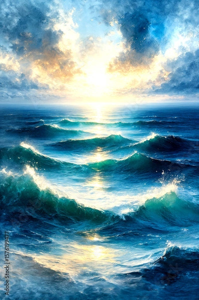 Fototapeta Majestic Ocean under the Golden Sunlight -Generative AI

