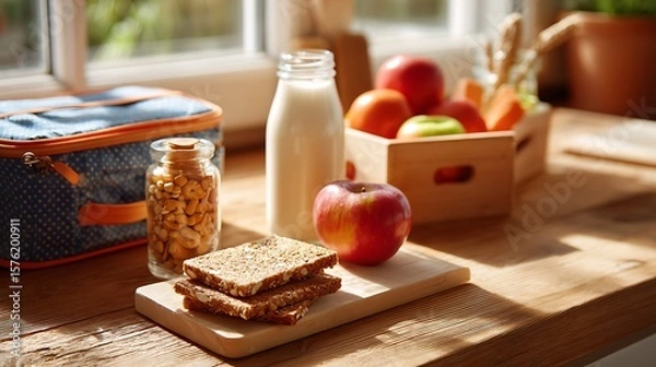 Fototapeta A breakfast on the kitchen counter featuring fresh bread, an apple, a bottle of milk, and a jar of nuts, with a lunchbox in the background