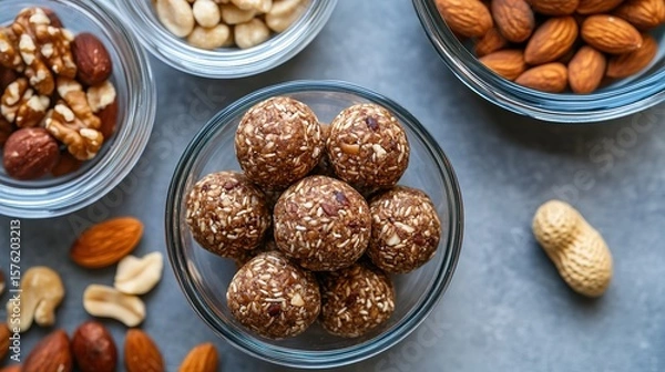 Fototapeta Energy balls made with nuts and seeds in a glass bowl, surrounded by assorted nuts like almonds, cashews, walnuts, and peanuts on a gray surface.