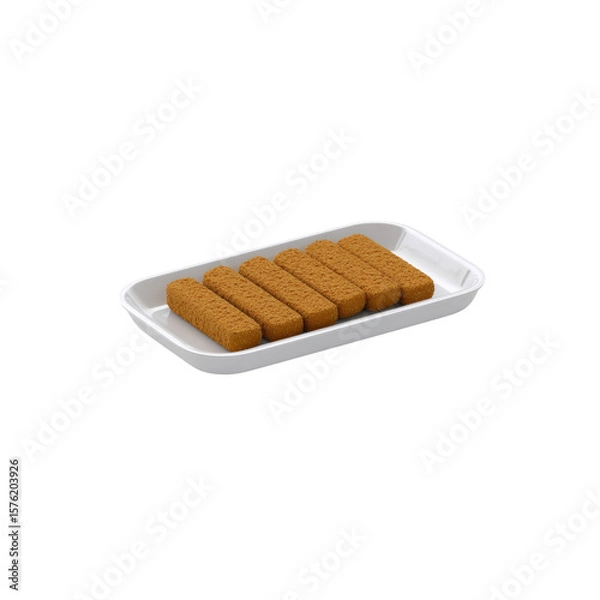 Fototapeta Rectangular golden-brown fish fingers are neatly aligned on a pristine white rectangular tray