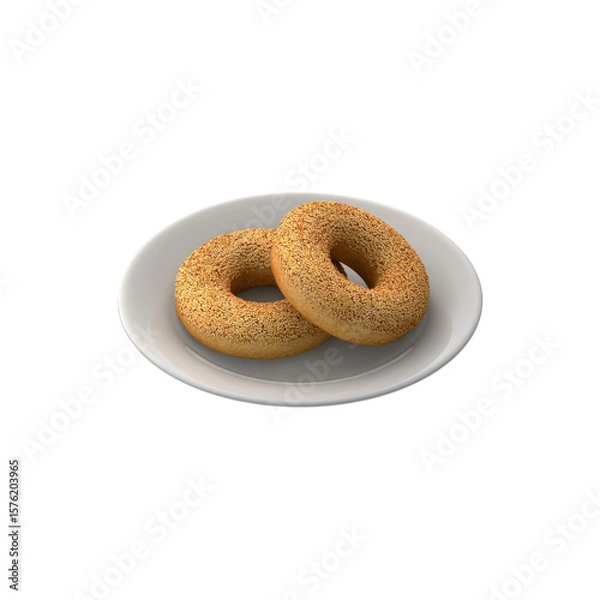 Fototapeta Two toasted sesame seed bagels sit side-by-side on a clean, white plate, transparent background