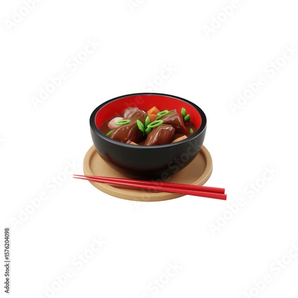 Fototapeta Bowl of Japanese stew, is set on a beige base, with a pair of red chopsticks laid to the side, transparent background