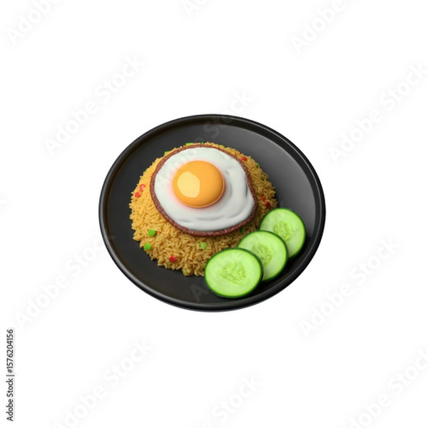 Fototapeta A plate of delicious fried rice, topped with a perfectly cooked egg and a portion of sliced cucumbers