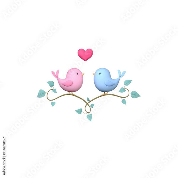 Fototapeta A charming scene features two cartoon lovebirds, one pink and one blue, perched on a vine shaped like a heart, transparent background