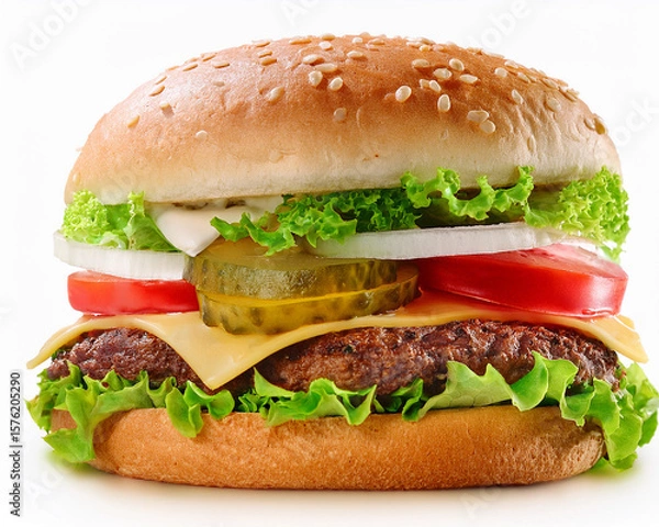 Fototapeta A delicious cheeseburger with beef, lettuce, and tomato on a sesame bun, isolated on a white background for your next fast-food meal