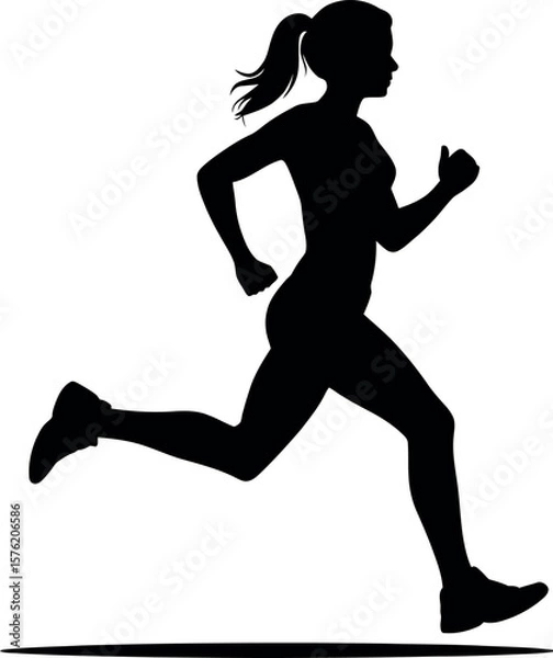 Fototapeta Silhouette of a woman running with her hair in a ponytail on a white background