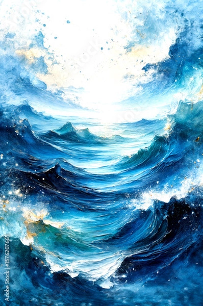 Fototapeta Sunlit Celestial Ocean Waves in Abstract Light, Dreamlike Flow of a Cosmic Sea -Generative AI
