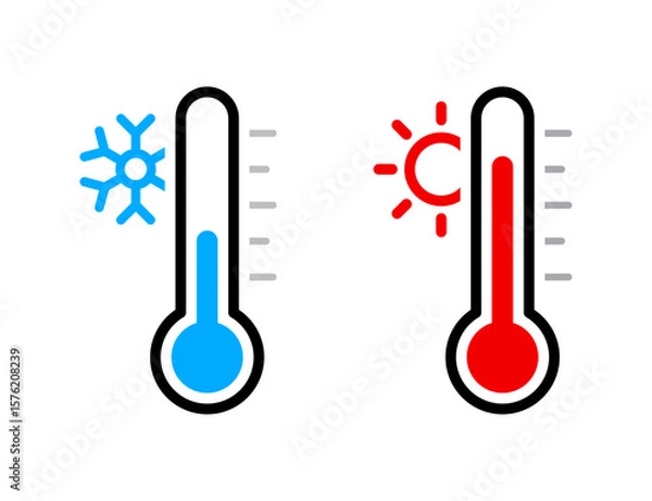 Fototapeta Street thermometer sign with two thermometers showing cold and hot temperatures. Represents weather forecast, high summer heat, frost, and snow. Flat vector design for seasonal weather illustration