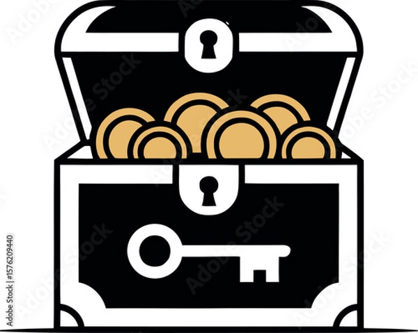 Fototapeta Open treasure chest filled with gold coins and a key