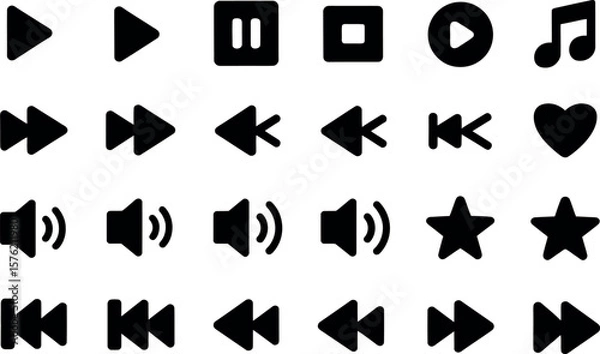 Fototapeta Collection of black media player icons including play pause stop rewind fast forward volume and favorite