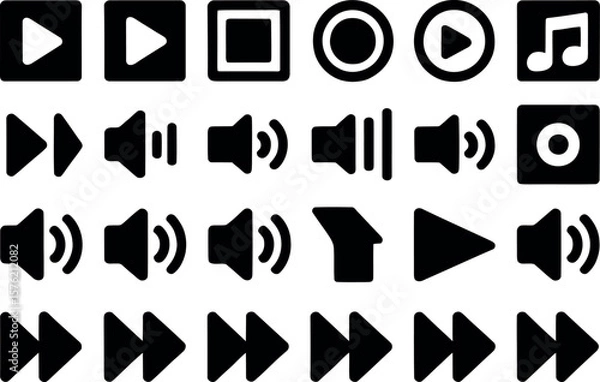 Fototapeta Collection of black media player icons including play pause stop fast forward and volume controls