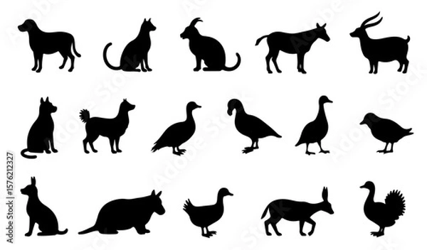 Fototapeta Animal Silhouette Set Vector. Minimalist Set Featuring Cow, Dog, Cat, Hen, Duck and More Farm Animals