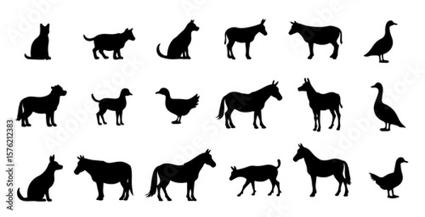Fototapeta Domestic Pet and Silhouette Set in Vector Style. Pack of Standing Animals Like Cow, Cat, Dog, and Hen for Eco Branding and Organic Product Labels