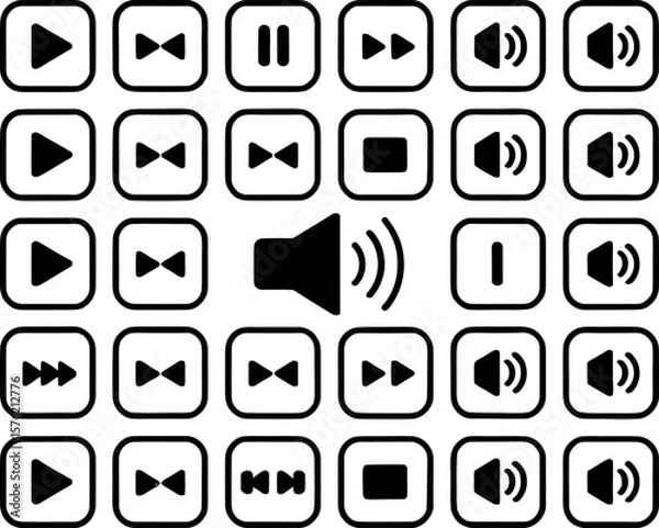 Fototapeta Collection of black media player icons including play pause fast forward rewind and volume controls