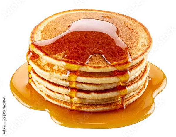 Fototapeta stack of golden fluffy pancakes with rich maple syrup dripping down on isolated background, delicious breakfast food with sweet glaze and syrupy texture in clean studio lighting

