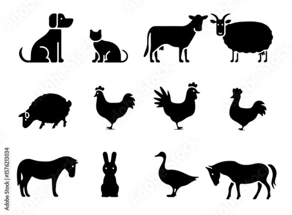 Fototapeta Silhouette Collection of Farm and Domestic Animals in Standing Poses. Dog, Cat, Cow, Goat, and More in Clean Vector Style for Rural and Pet Designs