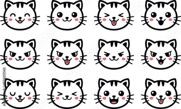 Fototapeta Collection of twelve cute cartoon cat faces expressing various emotions