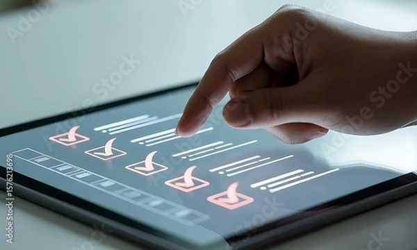 Fototapeta Finger Tapping Digital Tablet with Orange Checklist Graphic on Bright Screen