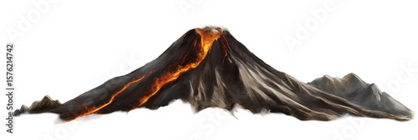 Fototapeta Erupting Volcano with Lava Flowing Down its Sides on a Dark Background