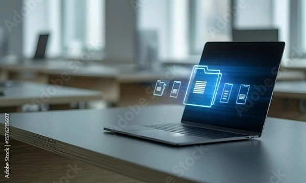 Fototapeta Laptop with Glowing Blue Folder Icon Displayed on Screen in Office