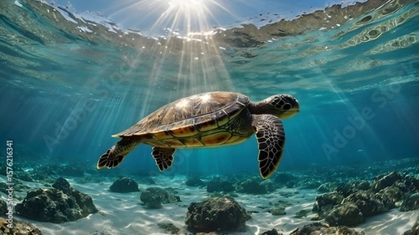 Fototapeta Turtle Swimming Underwater in Sunlit Ocean