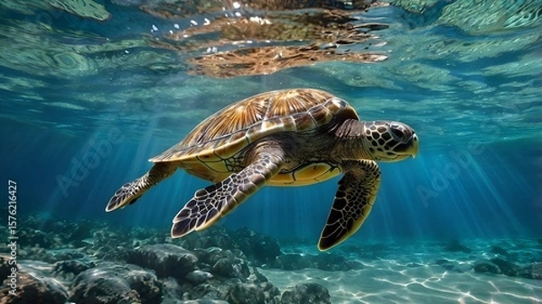 Obraz Turtle Swimming Underwater in Sunlit Ocean