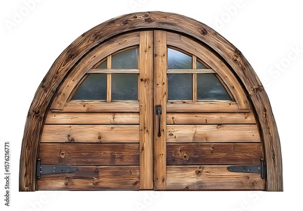 Fototapeta Rustic Wooden Door with Arched Frame and Glazed Windows on Black Background