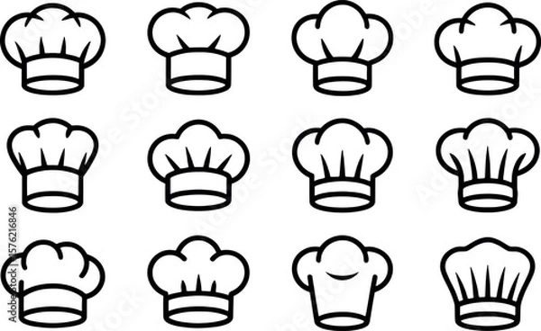 Fototapeta Collection of twelve different chef hat icons in a simple black outline style