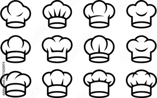 Fototapeta Collection of twelve different black and white chef hats in a grid pattern