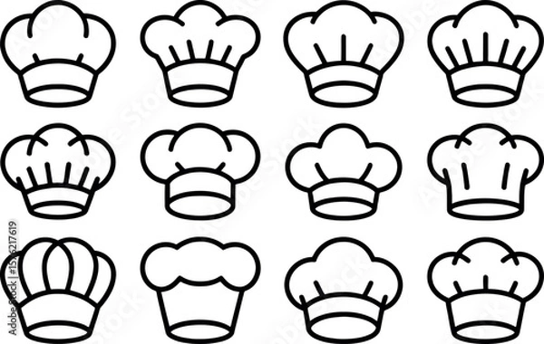 Fototapeta Collection of twelve different black and white chef hat icons arranged in a grid