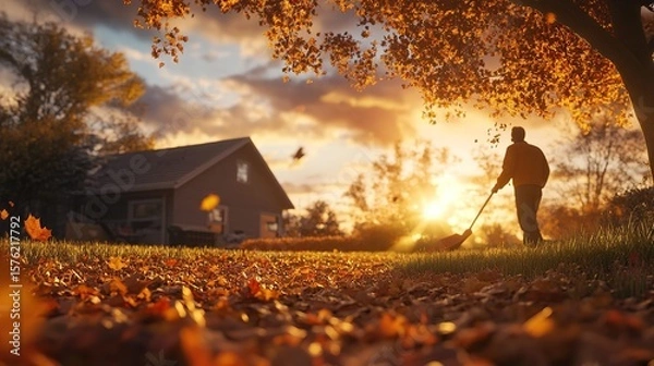 Fototapeta A person rakes autumn leaves in a backyard during sunset, with warm golden light filtering through trees and a house in the background.