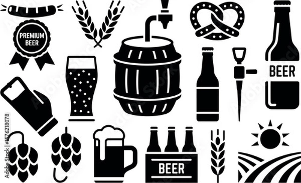 Fototapeta Collection of black and white icons representing beer and related items
