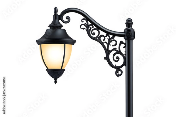 Fototapeta Elegant black street lamp with ornate details illuminated against a dark background