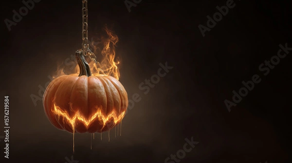 Fototapeta A chilling blend of fear and horror unfolds as sinister pumpkins glow in the darkness. The festive spirit of Halloween creeps in — October is near, and it's time to be afraid.