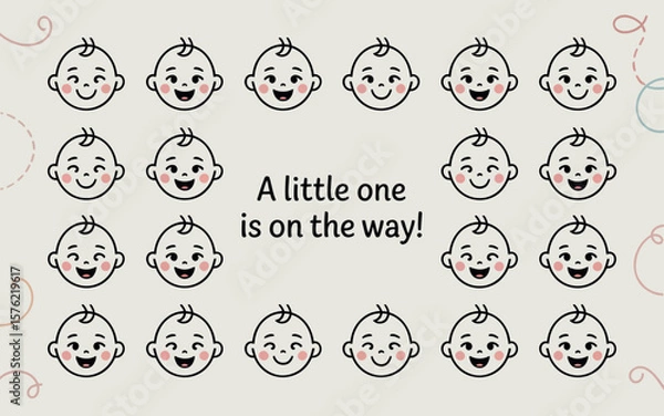 Fototapeta Cute baby faces pattern with text a little one is on the way