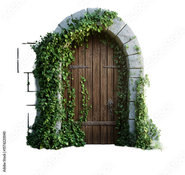 Fototapeta Enchanting overgrown stone archway with a weathered wooden door for fantasy realms